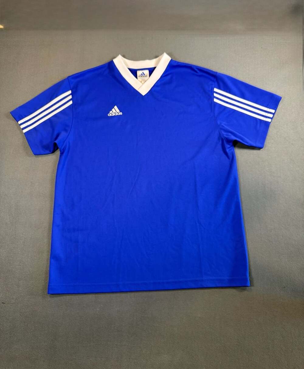 Vintage 90’s Adidas Soccer Jersey Size XL Blue White Stripes Athletic Shirt